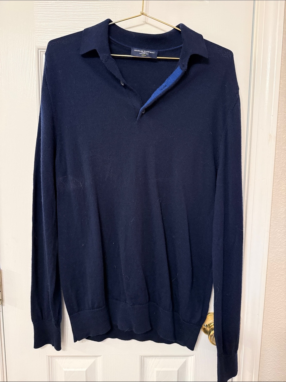 Charles Tyrwhitt Navy V‑Neck Polo Sweater with Contrast Trim